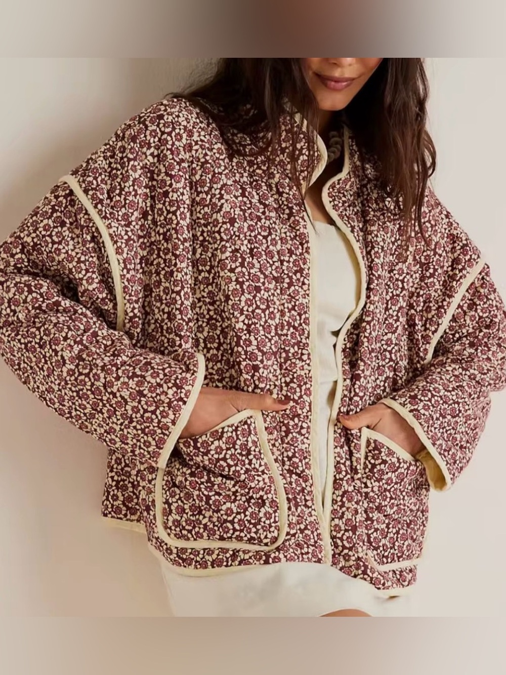 Unbranded Floral Quilted Puffer Jacket Burgundy Cream Size Medium